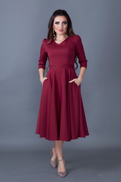 NO48 Claret Red Three-Quarter Sleeve V-Neck Pocket Woven Draped Fabric Flared Midi Dress