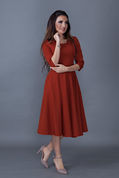 NO48 Cinnamon Three-Quarter Sleeve V-Neck Pocket Woven Draped Fabric Flared Midi Dress