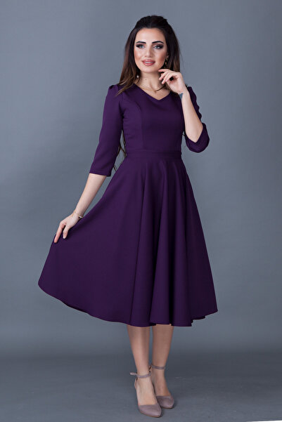 NO48 Φόρεμα μίντι μήκους με υφαντό ύφασμα με τσέπες με λαιμόκοψη τριών τετάρτων από δαμάσκηνο