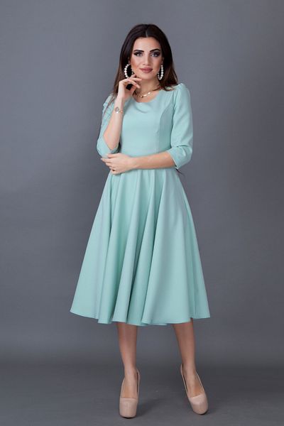 NO48 Mint Green Three-Quarter Sleeve V-Neck Pocket Woven Draped Fabric Flared Midi Dress