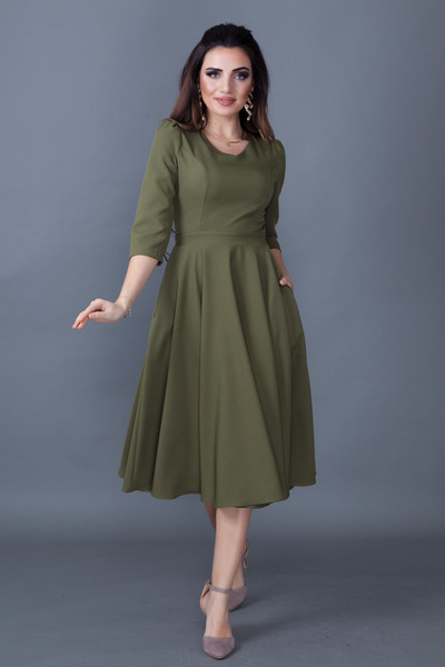 NO48 Khaki Three-Quarter Sleeve V-Neck Pocket Woven Draped Fabric Flared Midi Dress