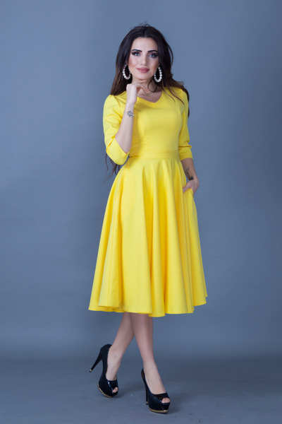 NO48 Sarı Truvakar Kol V Yaka Cepli Dokuma Dökümlü Kumaş Kloş Midi Boy Elbise