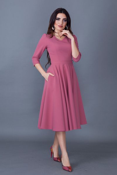 NO48 Φόρεμα Dusty Rose Three Quarter μανίκι V με λαιμόκοψη με υφαντό ύφασμα με φουσκωτό μίντι μήκος