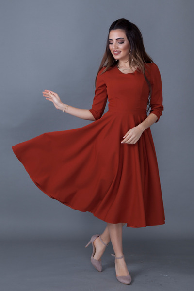 NO48 Cinnamon Three-Quarter Sleeve V-Neck Pocket Woven Draped Fabric Flared Midi Dress
