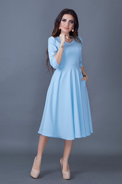 NO48 Rochie midi evazată din țesătură fluidă, cu mâneci trei sferturi, cu decolteu în V, cu buzunare