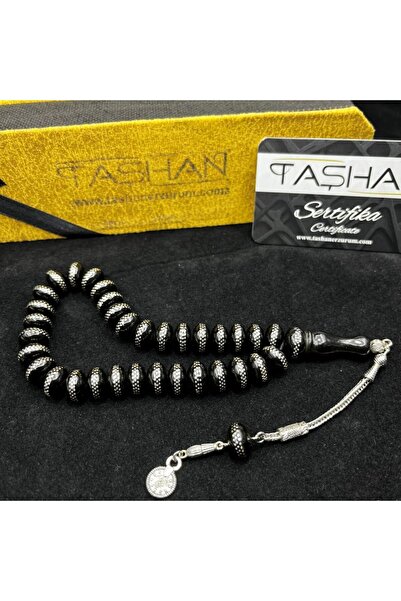 TAŞHAN Gümüş İşlemeli Bilek Boy Basık Oltu Taşı Tesbih