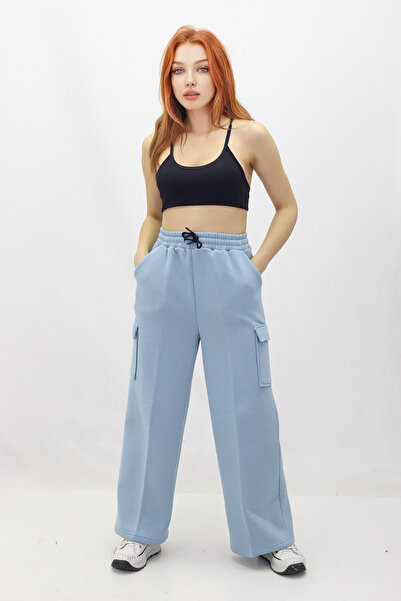 ÇILDIR TRİKO KADIN PANTULON Bol Kesim Bol Paça Içi Polarlı Eşofman Tarzı Kargo Cepli Pantolon