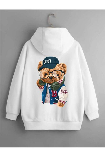 Pisa Art PİSA ART Hanorac oversize unisex cu ursuleț alb imprimat cu glugă PİSA ART