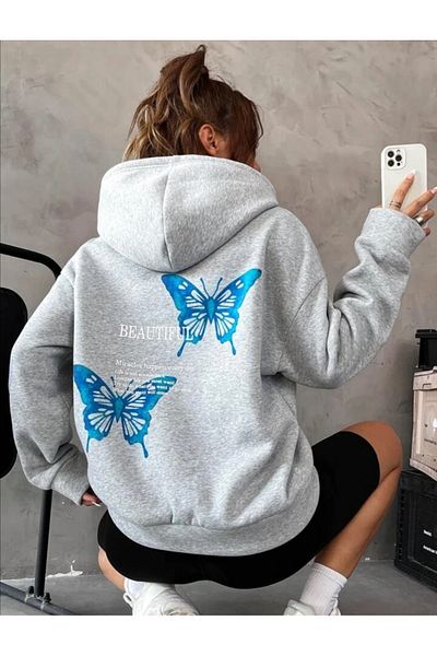 Pisa Art PİSA ART NEW SEASON Hanorac oversize unisex cu glugă cu imprimeu fluture gri