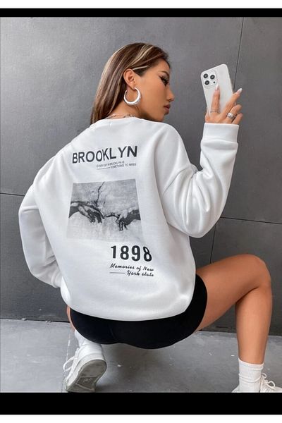 Pisa Art Hanorac oversize unisex cu imprimeu gri cu decolteu