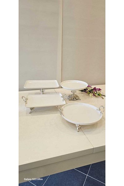 MaviDamla Silver Color 4 Piece Standing Porcelain Presentation Set