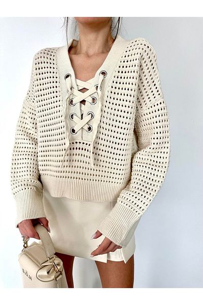 Bengi Clothing Pulover tricot cu mânecă lungă ajurata cu guler din dantelă
