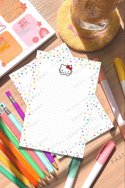 PastelSanat Kareli Renkli Hello Kitty Planlayıcı To Do List Bloknot Defter A6...