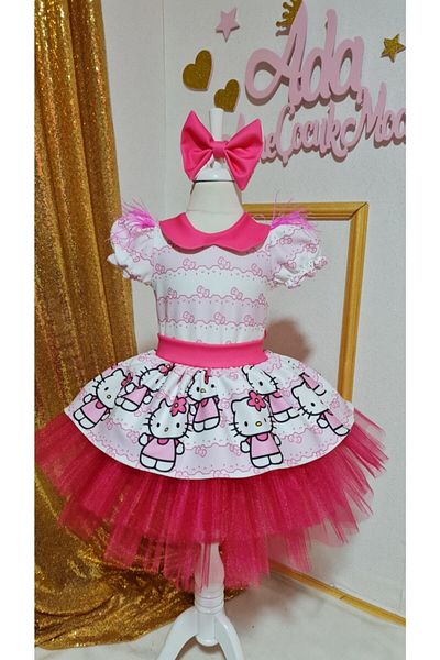 NA ADDESIGN Rochie de tul pufoasă cu model Hello Kitty roz pentru fete