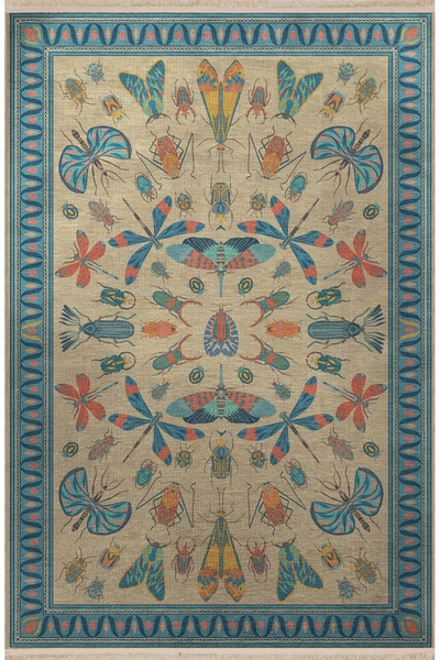 Rugs Modern Halı Mavi Bej Temalı Yusufçuk ve Kelebek Desenli Kreatif Vintage ...
