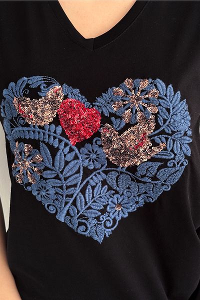 FEMELLE Tricou de damă negru cu decolteu în V cu paiete și broderie 100% bumbac