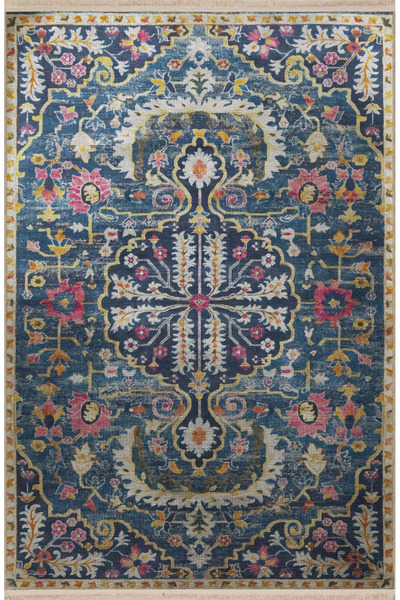 Rugs Modern Halı Lacivert Temalı Geleneksel Motif Etnik Çiçek Desenli Kreatif...