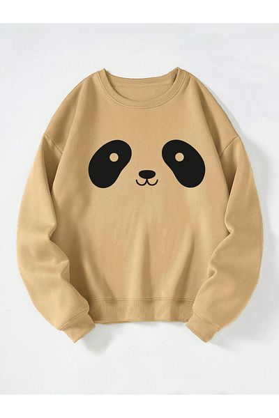 Ginevra Φούτερ Unisex Crew Neck Panda με στάμπα Oversize Loose Cut Fleece φούτερ