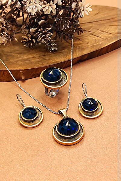 Aykat Kadın Otantik Gümüş Set Tasarım Safir Taşlı Kolye Küpe Ayarlanabilir Yü...