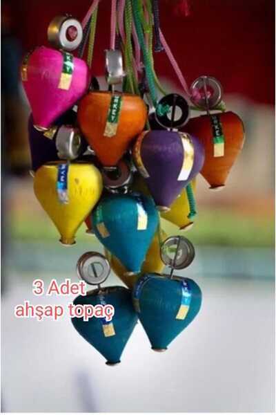 Emrah Gültekin Nostaljik 3 Adet Ahşap Topaç Oyuncak, Rengarenk Topaç, Ahşap G...