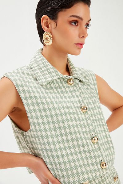 Sateen Houndstooth Patterned Vest - Green