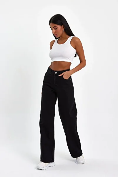 ByCukurovaFrango Black High Waist Zippered Wideleg Jean Trousers