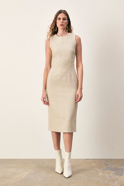 Sateen Sleeveless Long Tweed Dress - BEIGE
