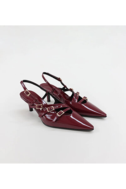 MYVOLANTE Pantofi cu toc mic cu detaliu arcuit din piele lacuita rosie Claret