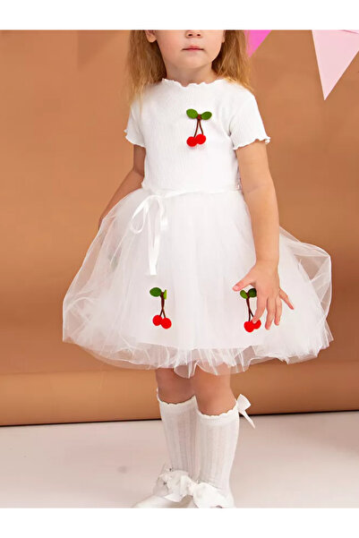 nc gift Kirazlı Kısa Kollu Pamuk Astarlı Tütü Etek Kız Çocuk Tüllü Prenses Elbise