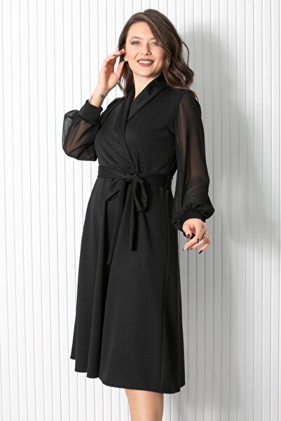 SUBU TASARIM Μαύρο βραδινό φόρεμα - Λεπτομέρεια ζώνης, Fhm906