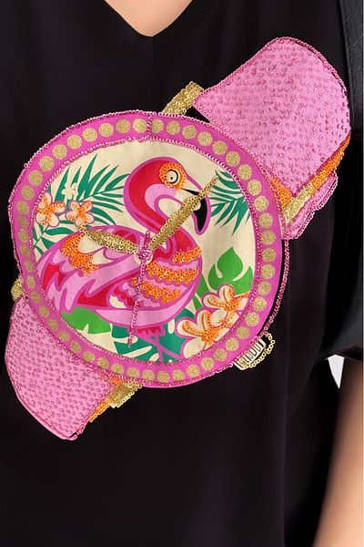 FEMELLE Tricou negru pentru femei, cu decolteu în V, cu ceas cu flamingo, brodat cu paiete, 100% bumbac