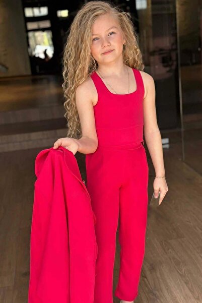 Riccotarz Girl's Silver Button Detailed Blazer Jacket and Fuchsia Bottom and Top Set