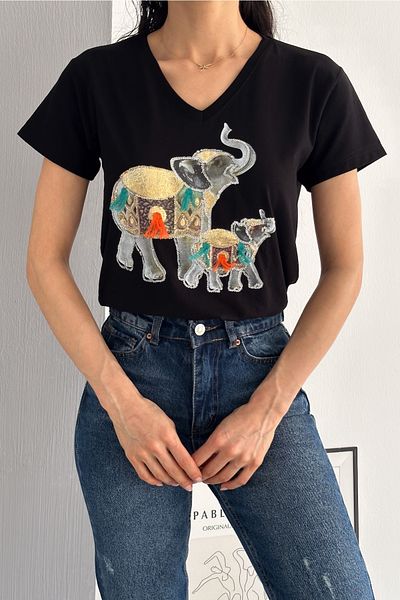 FEMELLE Tricou de damă, negru, cu decolteu în V, pentru bebeluș de elefant, cu paiete, ciucuri brodat, 100% bumbac
