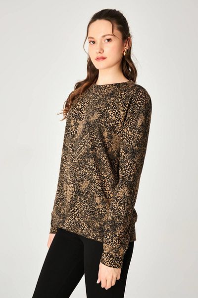 Hanna's by Hanna Darsa Women's Round Neck Long Sleeve Leopard Print Blouse
