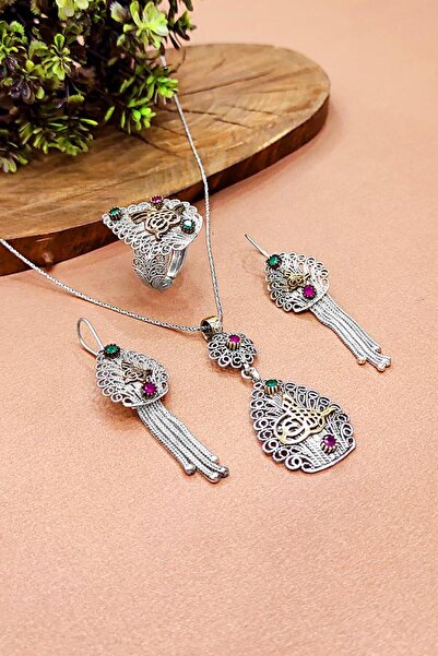 Aykat Tuğralı Oksitli Telkari Gümüş Set 925 Ayar Otantik Kolye Küpe Ayarlanab...