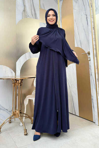 Bym Fashion Dantel Detay Şallı Namaz Feracesi Bym10 Lacivert