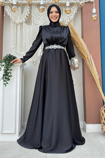 Bym Fashion 3863 Ζώνη με κοσμήματα σατέν φόρεμα μαύρο