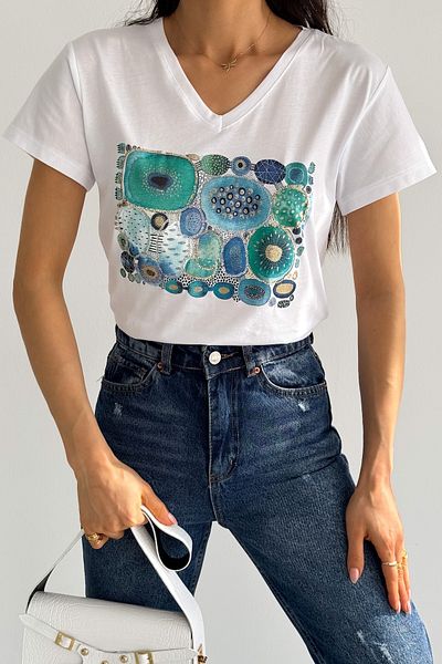 FEMELLE Women's White V-Neck Seashell Sequin Embroidered 100% Cotton T-Shirt