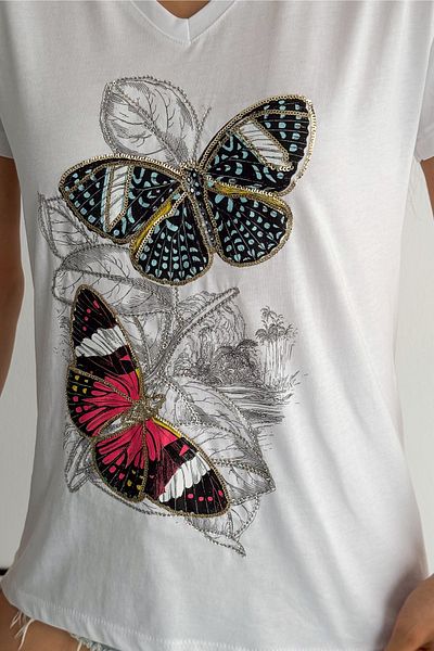 FEMELLE Women's White V-Neck Butterfly Sequin Sequin Embroidered 100% Cotton T-Shirt