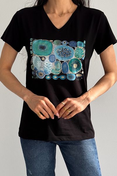 FEMELLE Tricou de damă, negru, cu decolteu în V, cu paiete, 100% bumbac