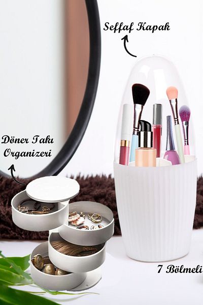 Bayev Set de două 7 compartimente și organizator rotativ de bijuterii perie de machiaj și organizator de cosmetice alb