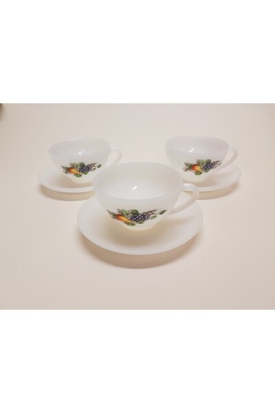BEGÜLDAN Fransız Arcopal Meyve Desenli Üçlü Çay Fincan Seti Beg_2973