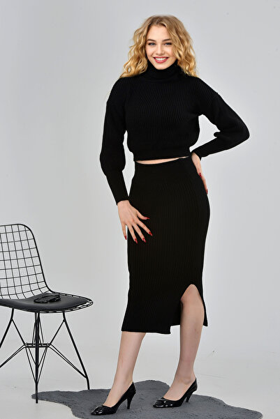 Duflon Kadın Boğazlı Kazak Fitilli Triko Etek Takım