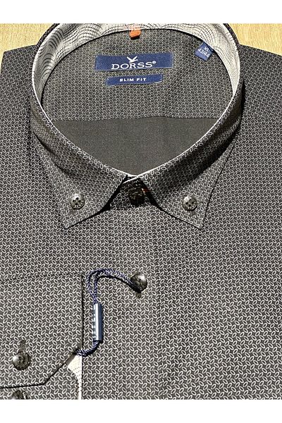 Dorss Μακρυμάνικο Slim Fit Micro μοτίβο γιακά και γαρνιρισμένο μανίκι Βαμβακερό casual ανδρικό πουκάμισο