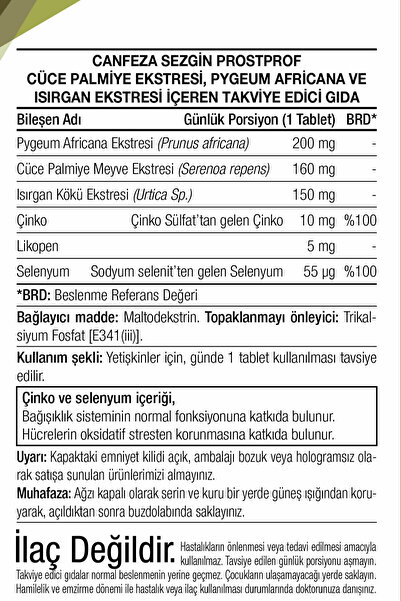 Canfeza Sezgin PROSTPROF 30 Tablet – Pygeum Africanum & Cüce Palmiye Meyvesi & Isırgan Kökü Ekstresi, Çinko, Selenyum ve Likopen Kompleksi