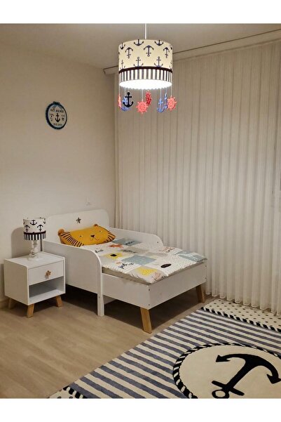 Leobabyroom Lacivert Çapalı, Bordo Dümen ve Şeritli, Beyaz Lacivert Çizgili Bebek/Çocuk Odası Avize Abajur Set