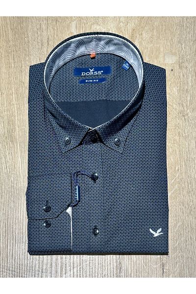 Dorss Μακρυμάνικο Slim Fit Micro μοτίβο γιακά και γαρνιρισμένο μανίκι Βαμβακερό casual ανδρικό πουκάμισο