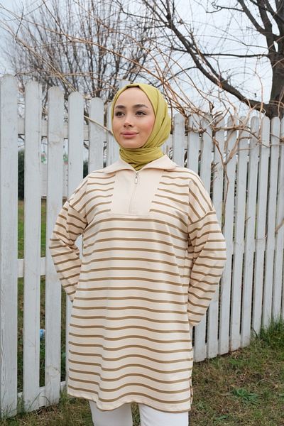 LOCCO Women's Front Zipper Striped Sweat Oil Green