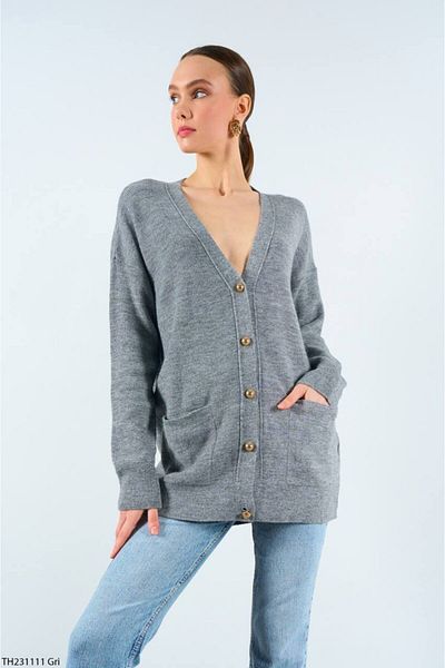 Liora Women's Gray Double Pocket Oversize Cardigan
