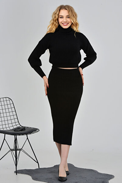 Duflon Kadın Boğazlı Kazak Fitilli Triko Etek Takım